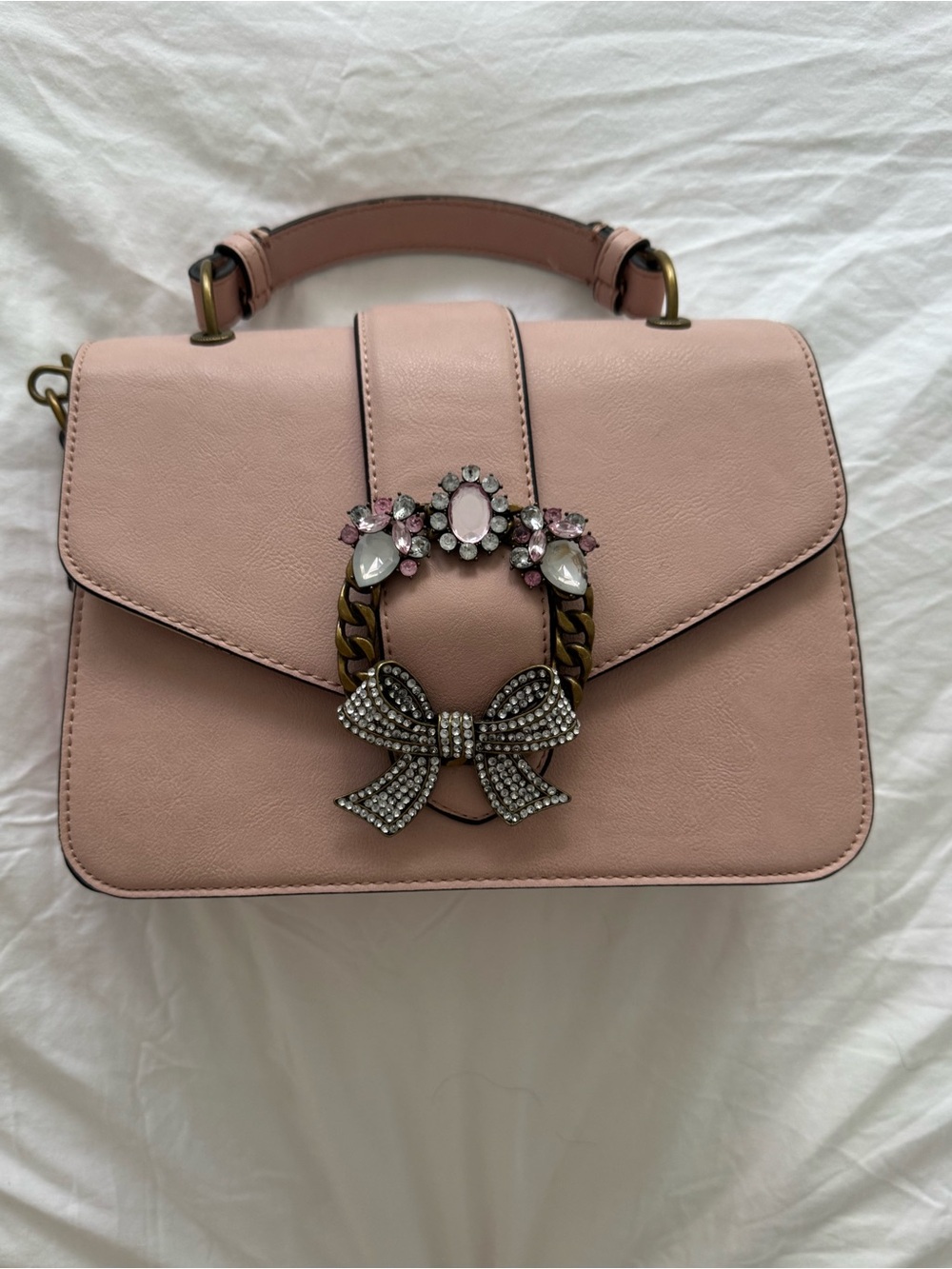 Aldo Blush Pink Top-Handle Satchel with Jeweled Bow Accent